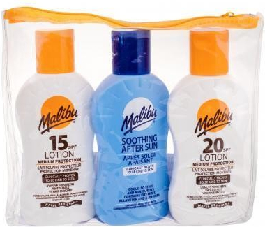 Malibu Lotion SPF20 voděodolná unisex mléko na opalování SPF20 100 ml + mléko na opalování SPF15 100 ml + mléko po opalování 100 ml dárková sada