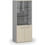 Primo Kombinovaná kancelářská skříň GRAY s dřevěnými a skleněnými dveřmi, 1781 x 800 x 420 mm, šedá/bříza – Zboží Dáma