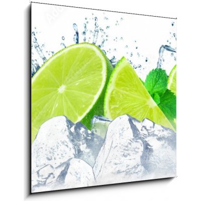 Skleněný obraz 1D - 50 x 50 cm - lime water splash and ice cubes isolated on the white stříkající voda z vápna a kostky ledu izolované na bílém – Sleviste.cz