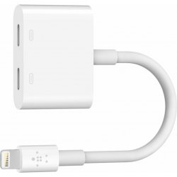 Belkin adaptér se dvěma lightning konektory pro nabíjení a poslech hudby současně pro Apple iPhone