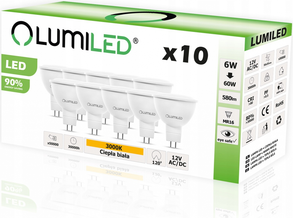 Lumiled 10x LED žárovka MR16 6W = 60W 3000K 12V