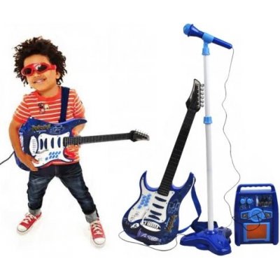 iMex Toys Dětská rocková elektrická kytara na baterie a zesilovač a mikrofon Blue