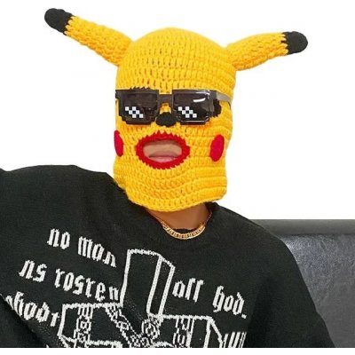 PIKACHU Kukla maska na obličej a hlavu s brýlemi žlutá pletená