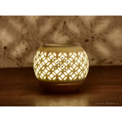 Lignia kulatá aroma lampa s krajkovým dekorem & podstavcem v dekoru dřeva matná bílá keramika – Hledejceny.cz