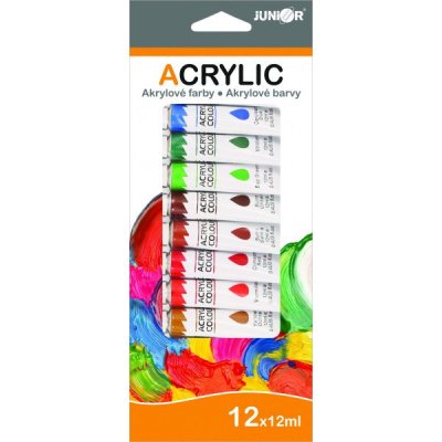 Akrylové barvy 12ml 12ks i na keramiku,sklo,kameny v krabičce 11x26cm – Zboží Mobilmania