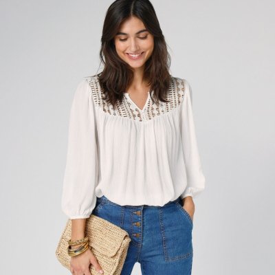 Kreponová halenka s macramé a 3/4 rukávy režná – Zboží Dáma