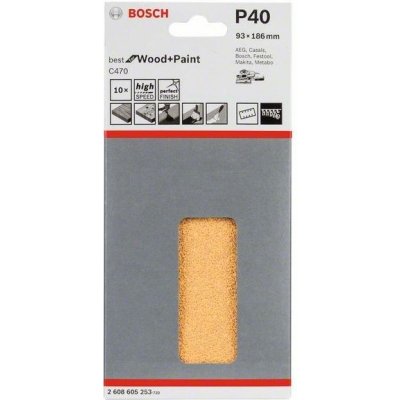 10x Brusný papír - brusivo pro vibrační brusky Bosch Best for Wood and Paint C470 93x186mm, hr. 40, 8 otvorů (2608605253) – Zboží Mobilmania