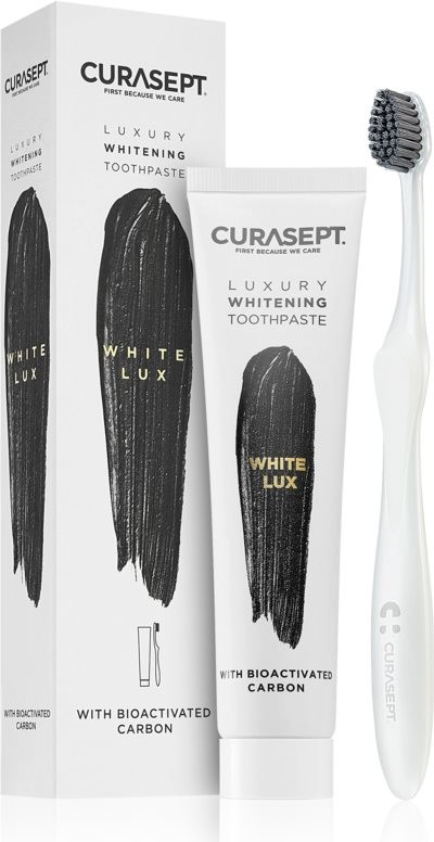 Curasept Luxury White bělící zubní pasta s biaktivním uhlím 75 ml + ultrasoft zubní kartáček dárková sada