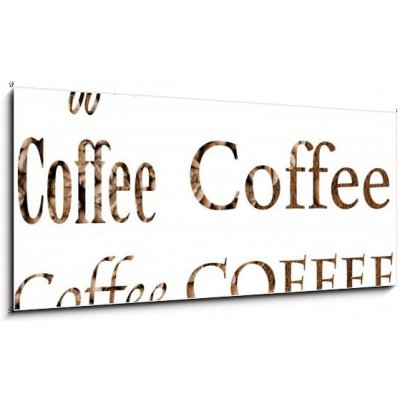 Skleněný obraz 1D panorama - 120 x 50 cm - Spelling the word coffee by coffee beans on white background Napište slovo kávy kávovými zrny na bílém pozadí – Hledejceny.cz