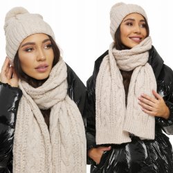 Fashionweek Zimní tlustá teplá dámská vlněná souprava čepice a dlouhý šátek KARR28 krémová