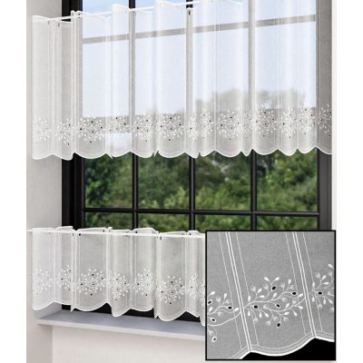 Buona ventura vitrážová záclona, polyesterový batist 34651, vyšívané lístečky, s bordurou, bílá, výška 40cm (v metráži) – Zboží Mobilmania