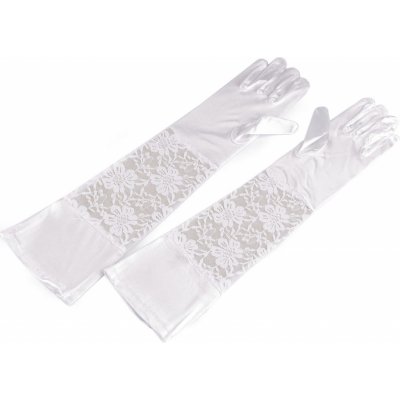 Dlouhé společenské rukavice saténové s krajkou velké bílá – Zboží Dáma