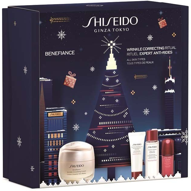 Shiseido Benefiance denní a noční krém proti vráskám pro všechny typy pleti 50 ml + čisticí pěna na obličej 15 ml + pleťová voda 30 ml + energizující a ochranný koncentrát 10 ml
