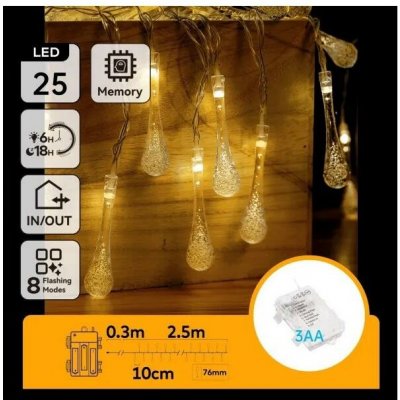 Aigostar LED Ven. ván. řetěz 25xLED/8 funkcí 3xAA 2,5m IP44 teplá bílá kapky B10303K57 – Hledejceny.cz
