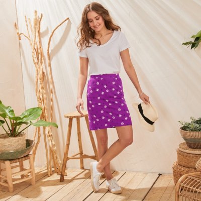 Blancheporte rovná sukně s potiskem květin, strečový úplet purpurová
