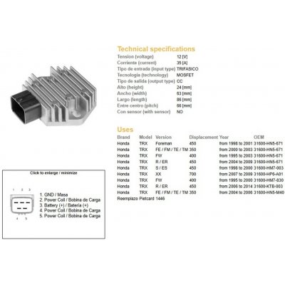 DZE regulátor napětí HONDA TRX 350FE/FM/TE/TM 00-06; TRX 400FW 95-03; TRX 450 FOREMAN 98-14 (ESR583) (31600-HN5-671) (35A) | Zboží Auto