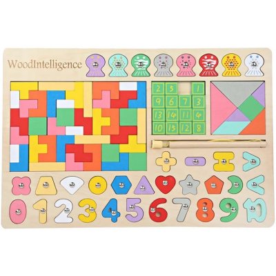 Iskay Montessori Dřevěná vkládačka - ryby, čísla, tangram, tvary, tetris, klotski, 98 ks