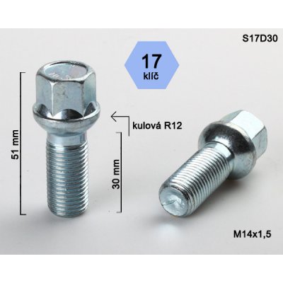 Kolový šroub M14x1,5x30 koule R12, klíč 17, S17D30R12, výška 51 – Zbozi.Blesk.cz