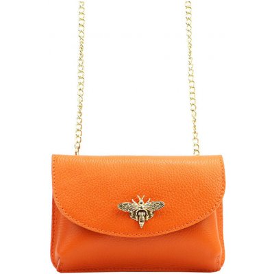 Mini oranžová kožená kabelka na řetízek s broží