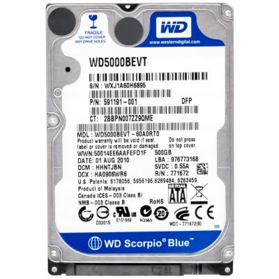 WD Scorpio Blue 500GB, 2,5", SATAII, 8MB, 5400rpm, 12ms, WD5000BEVT