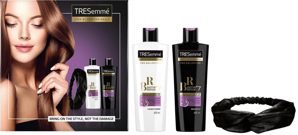 TRESemmé Biotin Repair7 šampon pro ochranu a obnovu vlasů 400 ml + kondicionér pro ochranu a obnovu vlasů 400 ml + čelenka dárková sada