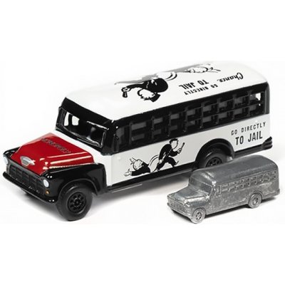 Johnny Lightning Chevrolet školní autobus 1956 Monopoly + figurka pro hru 1:64