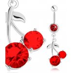 Šperky eshop ocelový piercing do bříška stříbrný odstín červené třešně lesklé lístky SP24.16 – Zboží Dáma