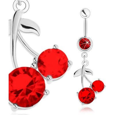 Šperky eshop ocelový piercing do bříška stříbrný odstín červené třešně lesklé lístky SP24.16 – Zboží Dáma