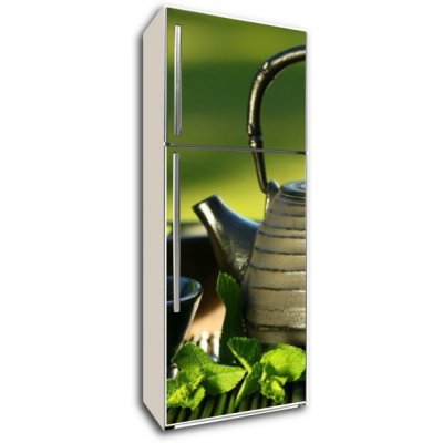 WEBLUX 5535303 Samolepka na lednici fólie Black iron asian teapot with sprigs of mint for tea Černá železná asijská čajová konvice s větvičkami na čaj rozměry 80 x 200 cm – Hledejceny.cz