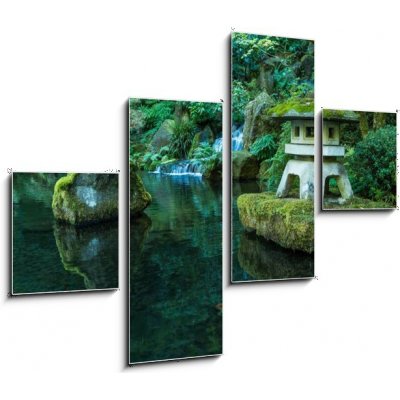 Obraz 4D čtyřdílný - 120 x 90 cm - A Lantern and Waterfall in the Portland Japanese Garden Lucerna a vodopád v japonské zahradě v Portlandu – Zboží Mobilmania