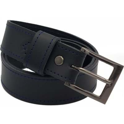 Opaskujse dětský kožený opasek basic kůže černá prošití modré jednotrnová spona leštěná hranatá kovová – Zboží Dáma