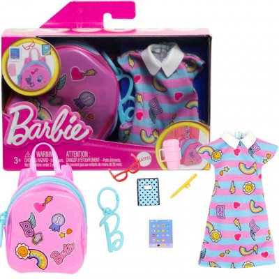 Barbie Mattel malá sada oblečení růžové šaty do batůžku + mini školní doplňky