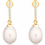Šperky eshop zlaté náušnice visící oválná perla bílé barvy zirkonový oblouk GG16.26 – Zbozi.Blesk.cz