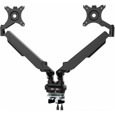 Polohovatelný držák pro 2 monitory, 2-9 Kg, svorka a průchodka stolu, 17"-32", USB HUB, 75x75/100x100, černý – Sleviste.cz