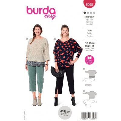 Střih Burda 6098, návod k šití: volné tričko se 3/4 rukávem pro plnoštíhlé – Zboží Dáma