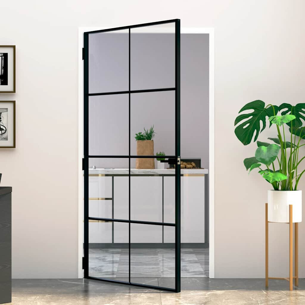 vidaXL Interiérové dveře černé 102x201,5 cm Tvrzené sklo a hliník Slim
