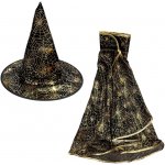 Čarodějnický plášť s kloboukem pavučina černo-zlatý – Sleviste.cz