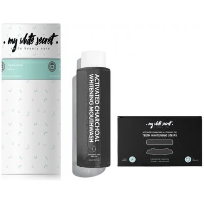 My White Secret Gift Pack My White Secret Whitening Mouthwas Activated Charchoal bělicí ústní voda s aktivním uhlím 250 ml + My White Secret Charcoal and Coconut Oil bělicí pásky na zuby 14 ks – Zboží Dáma