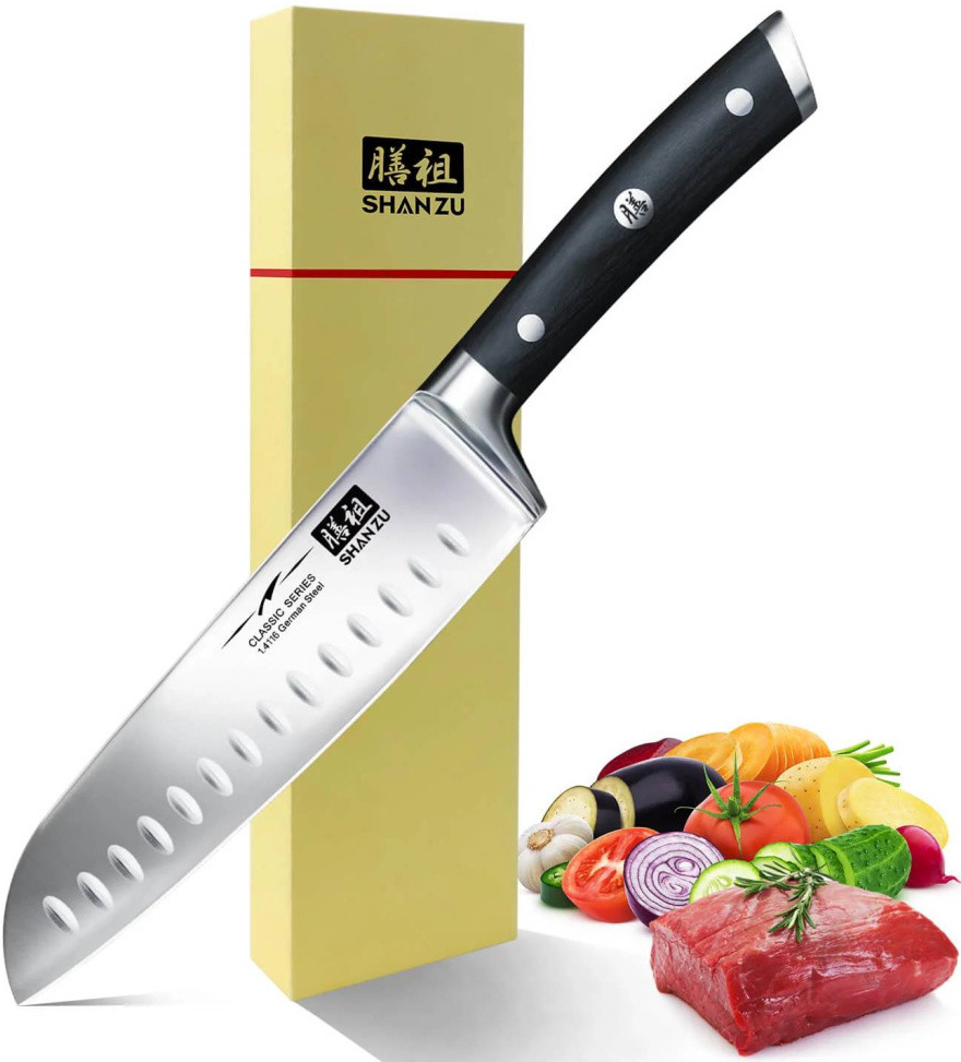 Shan Zu Nůž Santoku 18 32 cm Nerez ocel dřevo pakkawood