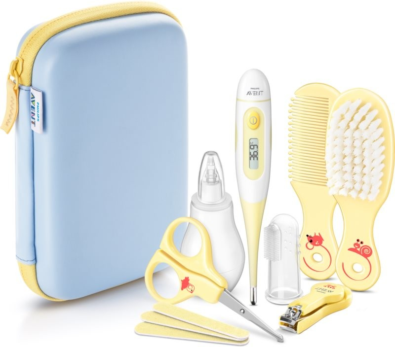 Philips Avent Baby Care Set digitální teploměr pro děti 1 ks + odsávačka nosních hlenů 1 ks + dětský zubní kartáček na prst 1 ks + dětské nůžky s kulatou špičkou 1 ks + pilník 3 ks