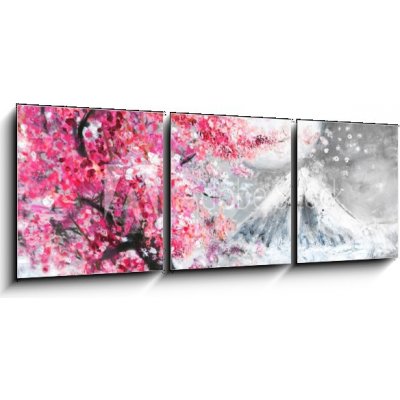 Obraz 3D třídílný - 150 x 50 cm - oil painting landscape with sakura and mountain, hand drawn illustration, Japan olejomalba krajina se sakurou a horami, ručně kreslené