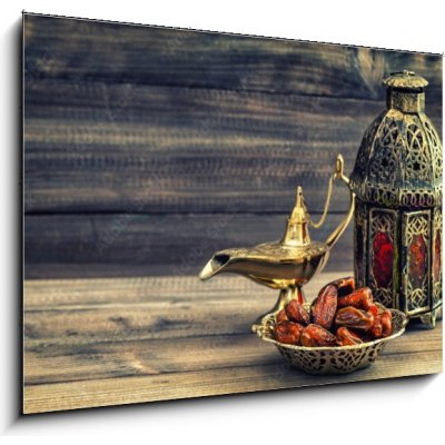 Skleněný obraz 1D - 100 x 70 cm - Ramadan lamp and dates on wooden background. Oriental lantern Ramadán lampa a data na dřevěné pozadí. Orientální lucerna – Zboží Mobilmania