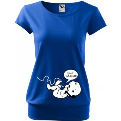 Těhotenské tričko Haló už jedu! Kralovská modrá