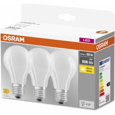 Osram Sada LED žárovek klasik, 6,5 W, 806 lm, teplá bílá, E27, 3 ks LED BASE CLA60 7W/827 – Zboží Mobilmania