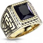 Šperky Eshop Pánský ocelový prsten zlaté barvy s černým kamenem a ornamenty Z11.19 Velikost: – Sleviste.cz