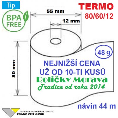 Termo kotouček 80/60/12 BPA 44m (80mm x 44m) Množství: 60 ks kotoučků v kartonu – Zboží Živě