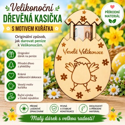 ADVIPO dekorace Velikonoční dřevěná kasička na peníze kuřátko ve skořápce 130 × 90 mm – Hledejceny.cz