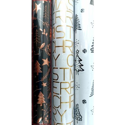 Zoewie Dárkový balící papír White Christmas 1,5 m x 70 cm Černý - měděné stromky, hvězdy, jmelí – Zboží Mobilmania