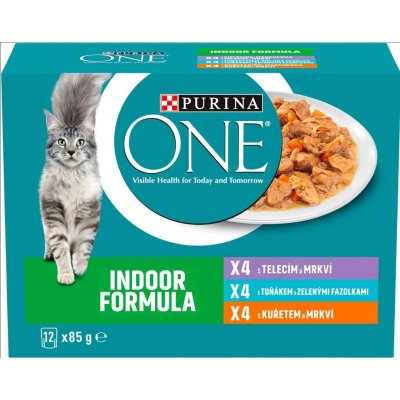 Purina ONE Indoor Mini filetky s telecím kuřetem a tuňákem ve šťávě 12 x 85 g – Hledejceny.cz