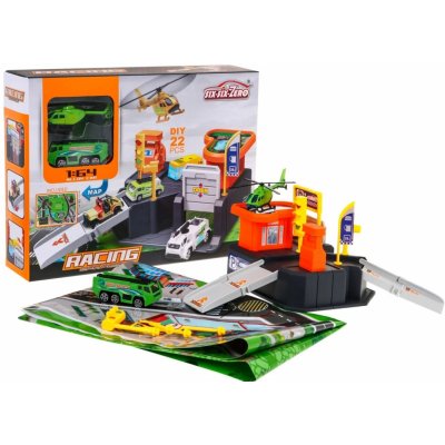 Majlo Toys Parkovací garáž s autíčkem helikoptérou a hrací podložkou Racing Garage